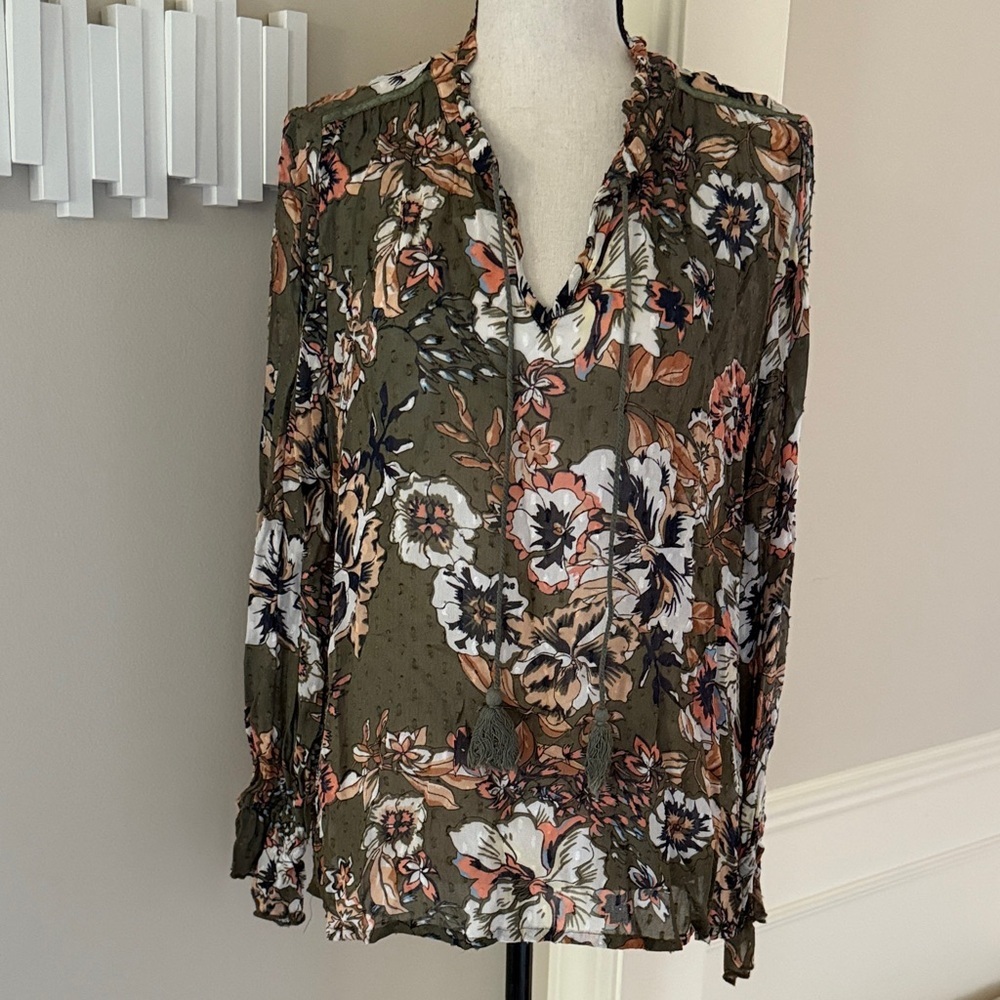 Part Two Copenhagen Olive Green Floral Print Women's Blouse Sz 40 US 10